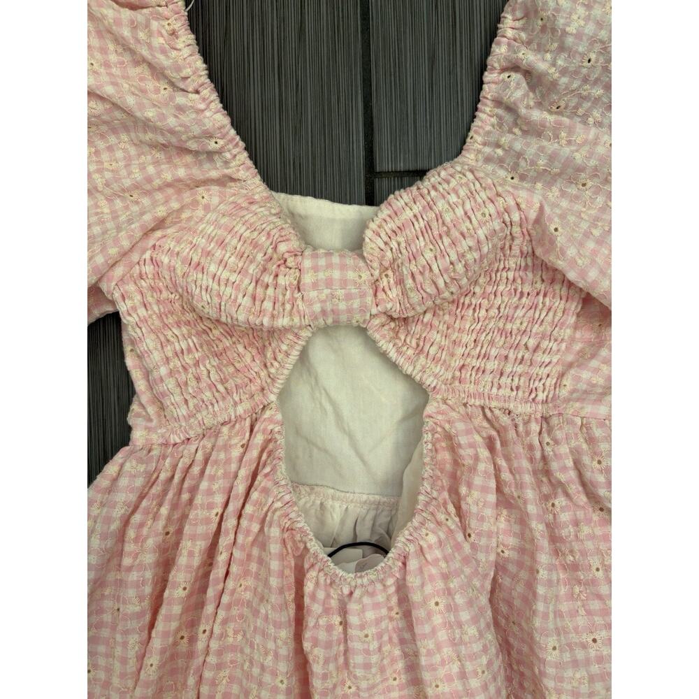 Mable Pink/White Gingham Short Puff Sleeve Tiered Dress Smocked Open Back Small - Picture 5 of 9